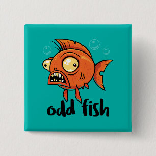 Badge Carré 5 Cm Odd Fish Quirky Funny Orange Goldfish Cartoon