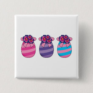 Badge Carré 5 Cm Oeufs de Pâques aux fleurs et au ruban