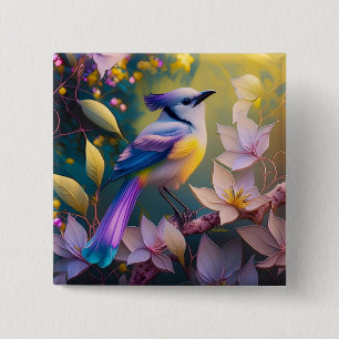 Badge Carré 5 Cm Oiseau à poitrine jaune violet