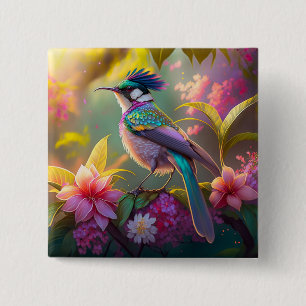 Badge Carré 5 Cm Oiseau fantastique à ailes arc-en-ciel et crête bl