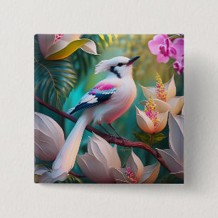Badge Carré 5 Cm Oiseau Fantastique à Crête Blanche et Poitrine Ros