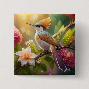 Badge Carré 5 Cm Oiseau Fantastique à Crête Dorée