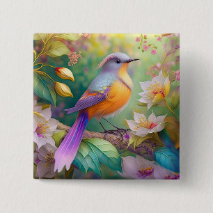 Badge Carré 5 Cm Oiseau Fantastique à Tête de Lavande et Poitrine O