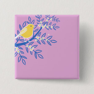 Badge Carré 5 Cm Oiseau jaune illustré sur un Arrière - plan rose