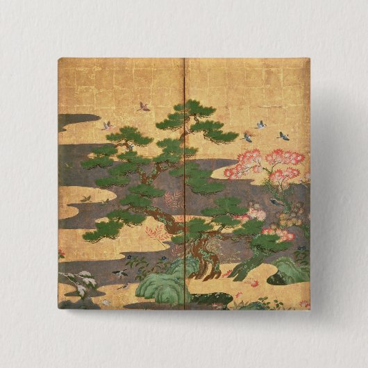 Badge Carré 5 Cm Oiseaux avec des fleurs d'automne et d'hiver (Devant)