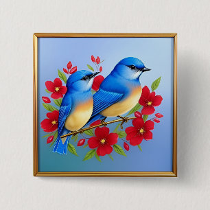 Badge Carré 5 Cm Oiseaux bleus colorés perchés parmi les fleurs rou