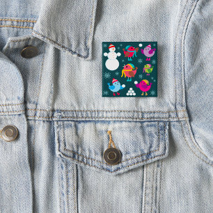 Badge Carré 5 Cm Oiseaux d'hiver Jouer dans la neige avec Snowman