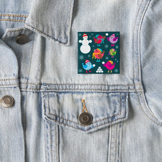 Badge Carré 5 Cm Oiseaux d'hiver Jouer dans la neige avec Snowman