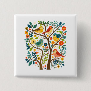 Badge Carré 5 Cm Oiseaux et fleurs Art populaire scandinave