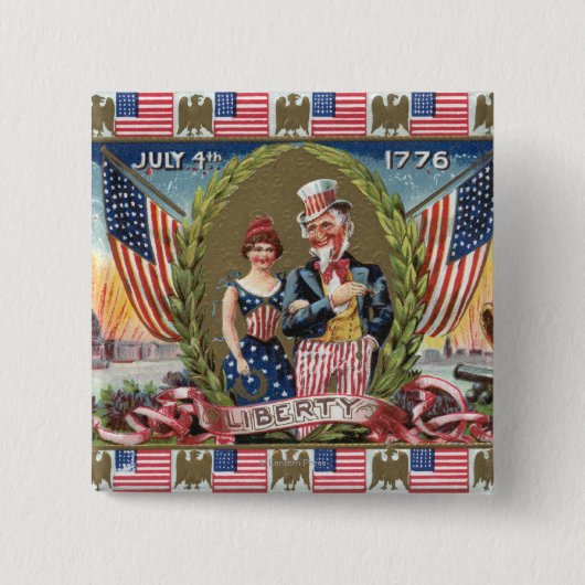Badge Carré 5 Cm Oncle Sam et Lady Liberty (Devant)