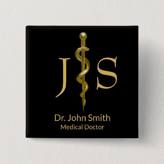 Badge Carré 5 Cm Or classique sur bâton noir d'Asclepius Médicale (Devant)