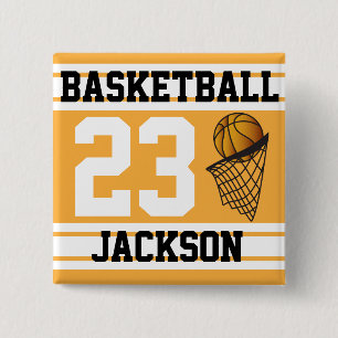 Badge Carré 5 Cm Or de basket-ball et texte des rayures