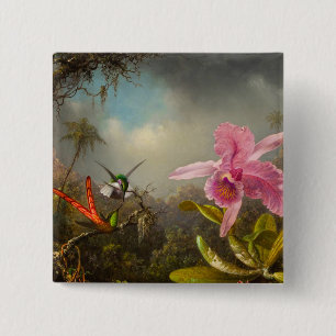Badge Carré 5 Cm Orchidée avec deux colibris Heade