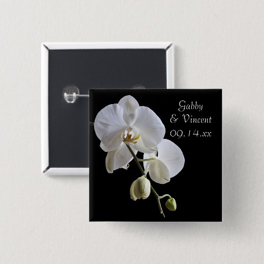 Badge Carré 5 Cm Orchidée blanche sur Mariage noir (Devant & derrière)