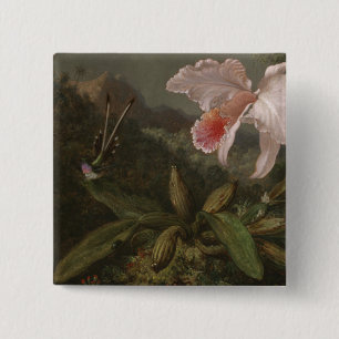 Badge Carré 5 Cm Orchidées et colibris de jungle
