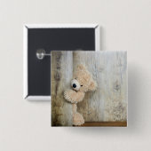 Badge Carré 5 Cm Ours Cute Stuffé Mur Rustique En Bois (Devant & derrière)