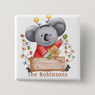 Badge Carré 5 Cm Ours en peluche de Noël avec cadeau et flocons de 