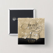 Badge Carré 5 Cm Paillettes et éclat Douce 16 V2 Noir/Or ID675 (Devant & derrière)