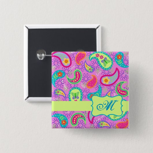 Badge Carré 5 Cm Paisson Monogram Magenta Rose Vert moderne (Devant & derrière)