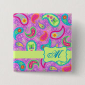 Badge Carré 5 Cm Paisson Monogram Magenta Rose Vert moderne (Devant)