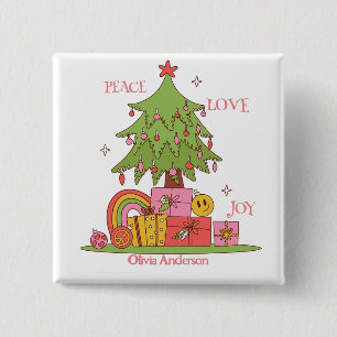 Badge Carré 5 Cm Paix, Amour & Joie - Sympa Arbre de Noël Rétro