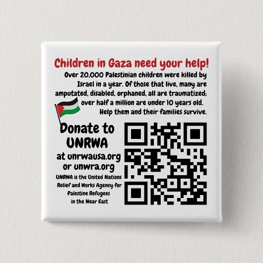 Badge Carré 5 Cm PALESTINE LIBRE - Aidez Gaza Children UNRWA QR Cod (Devant)