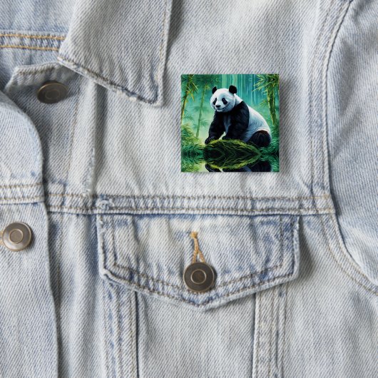 Badge Carré 5 Cm Panda géant dans la forêt de Bamboo (En situation)