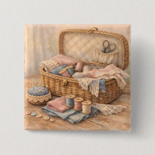 Badge Carré 5 Cm Panier à couture vintage Cottagecore Pastel