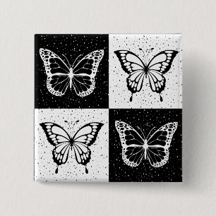 Badge Carré 5 Cm Papier Imprimé Bloc Papillon à Carreaux Noir et Bl