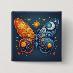 Badge Carré 5 Cm Papillon bicolore sur soleil brillant