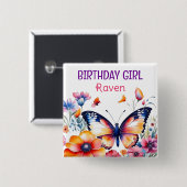 Badge Carré 5 Cm Papillon en fleurs Fille d'anniversaire fille (Devant & derrière)