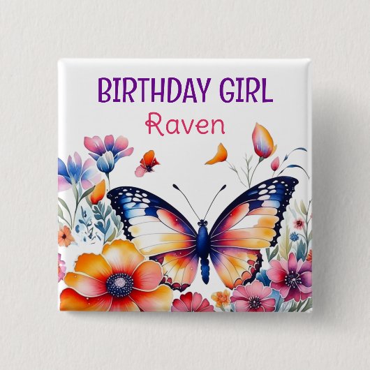 Badge Carré 5 Cm Papillon en fleurs Fille d'anniversaire fille (Devant)