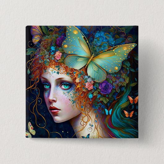 Badge Carré 5 Cm Papillon Fairy Elf Lady Imaginaire Art (Devant)