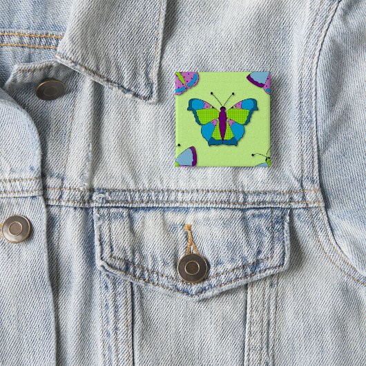 Badge Carré 5 Cm Papillon patchwork sur fond vert