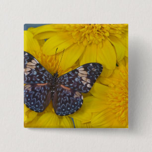 Badge Carré 5 Cm Papillon sur une fleur jaune