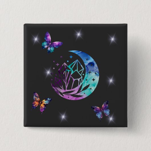 Badge Carré 5 Cm Papillons, lune et cristaux (Devant)