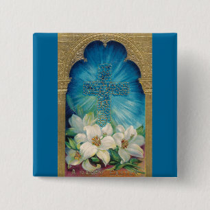 Badge Carré 5 Cm Pâques avec la croix et les lis