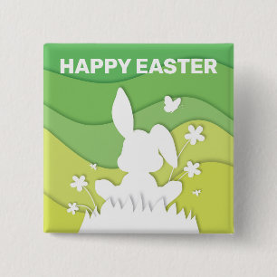 Badge Carré 5 Cm Pâques lapin 3D papier coupé vert nature printemps