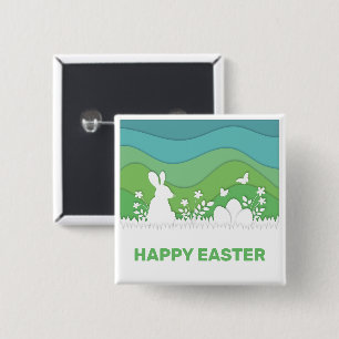 Badge Carré 5 Cm Pâques lapin et oeufs papercut 3d nature verte