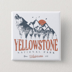 Badge Carré 5 Cm Parc national de Yellowstone Montagnes Wolf Vintag