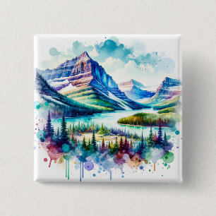 Badge Carré 5 Cm Parc national du Glacier de Bright Watercolor