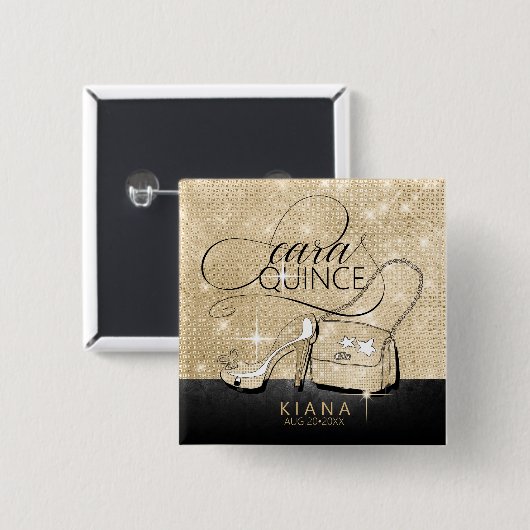 Badge Carré 5 Cm Parties scintillant et brillant Quinceanera V2 Noi (Devant & derrière)