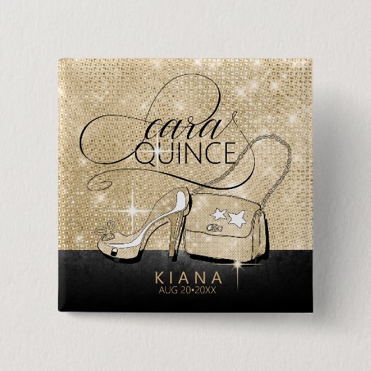 Badge Carré 5 Cm Parties scintillant et brillant Quinceanera V2 Noi (Devant)