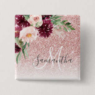 Badge Carré 5 Cm Parties scintillant rose moderne et flamme à fleur