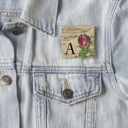 Badge Carré 5 Cm Partition violette Tulip Musique Monogramme initia (En situation)