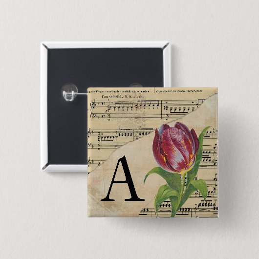 Badge Carré 5 Cm Partition violette Tulip Musique Monogramme initia (Devant & derrière)