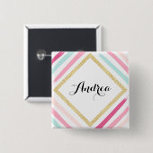 Badge Carré 5 Cm Pastel Stripes et Parties scintillant d'or Personn (Devant & derrière)