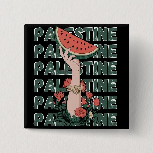 Badge Carré 5 Cm pastèque, fleurs et palestine Texte Répéter (Devant)