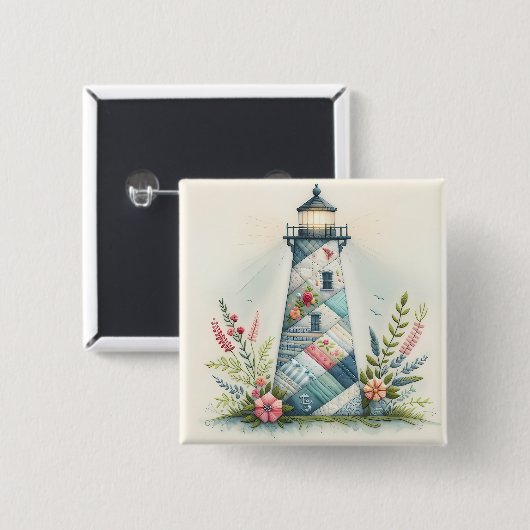 Badge Carré 5 Cm Patchwork Lighthouse Coastal Floral Scene (Devant & derrière)