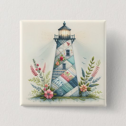 Badge Carré 5 Cm Patchwork Lighthouse Coastal Floral Scene (Devant)